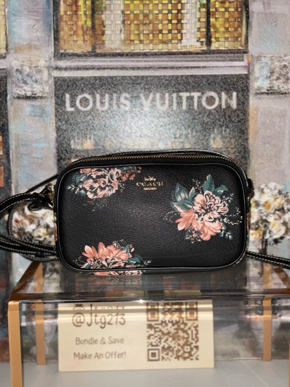 Coach Floral Double Zip Crossbody Black Pebbled Leather